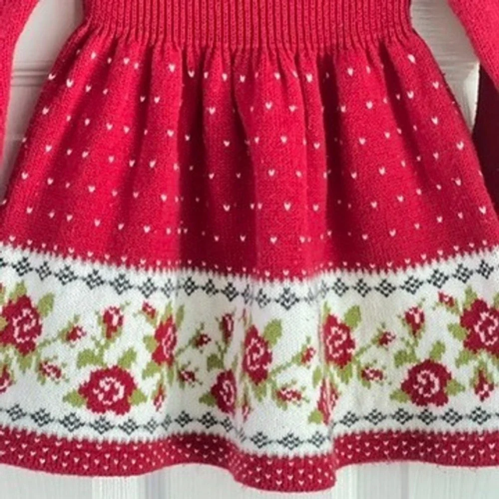 Max Studio Kids Sweater Dress Baby Girl 12M Floral Fair Isle Red Holiday Winter